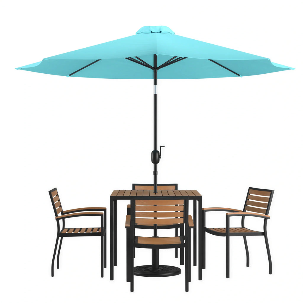 Flash Furniture XU-DG-810060064-UB19BTL-GG Patio Dining Table Set, 35" Square Synthetic Teak Slotted Top, Umbrella, 4 Stacking Chairs