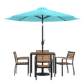 Flash Furniture XU-DG-810060064-UB19BTL-GG Patio Dining Table Set, 35" Square Synthetic Teak Slotted Top, Umbrella, 4 Stacking Chairs