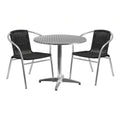 Flash Furniture TLH-ALUM-32RD-020BKCHR2-GG Round Stainless Steel-Top Table Set with 2 Black Rattan Arm Chairs