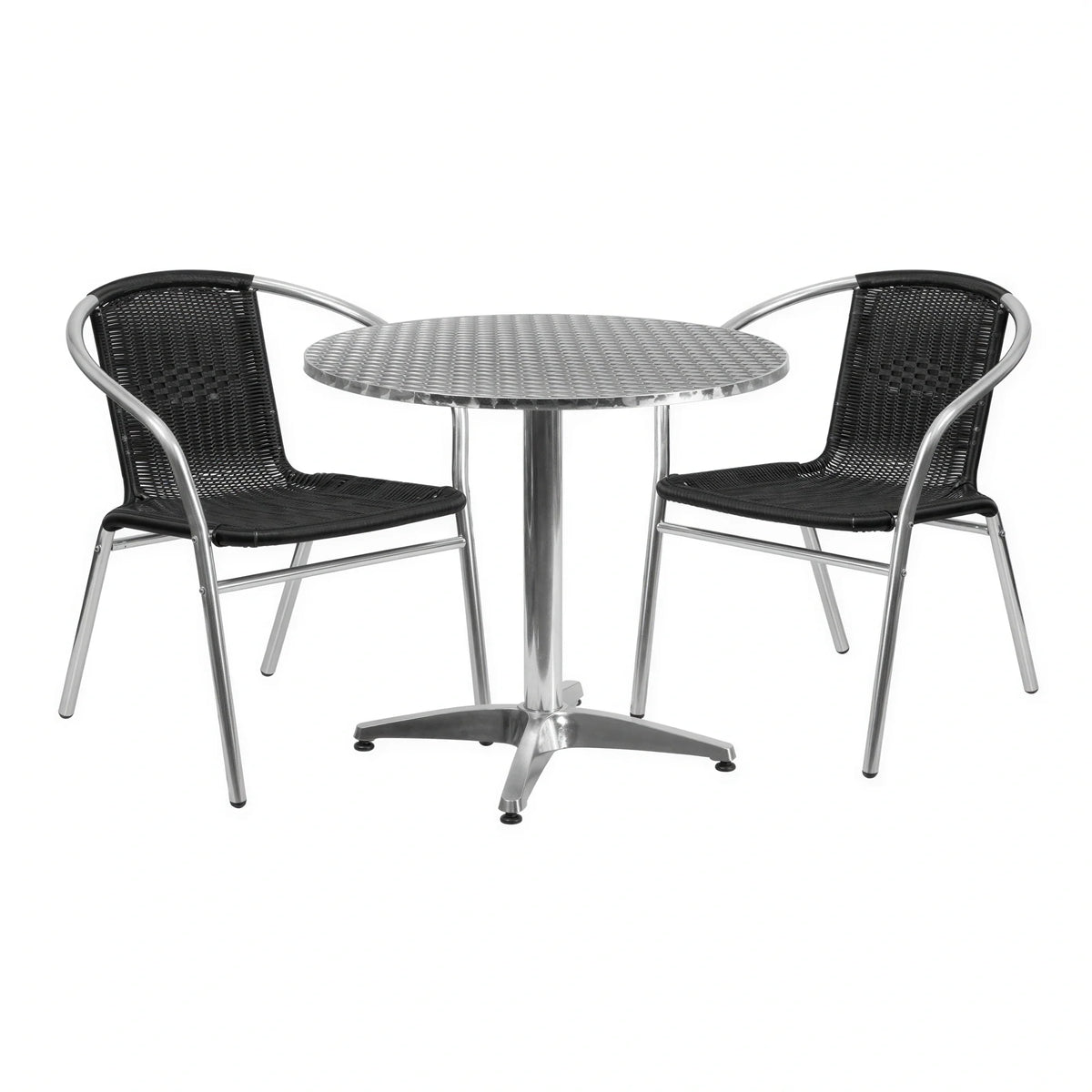 Flash Furniture TLH-ALUM-32RD-020BKCHR2-GG Round Stainless Steel-Top Table Set with 2 Black Rattan Arm Chairs