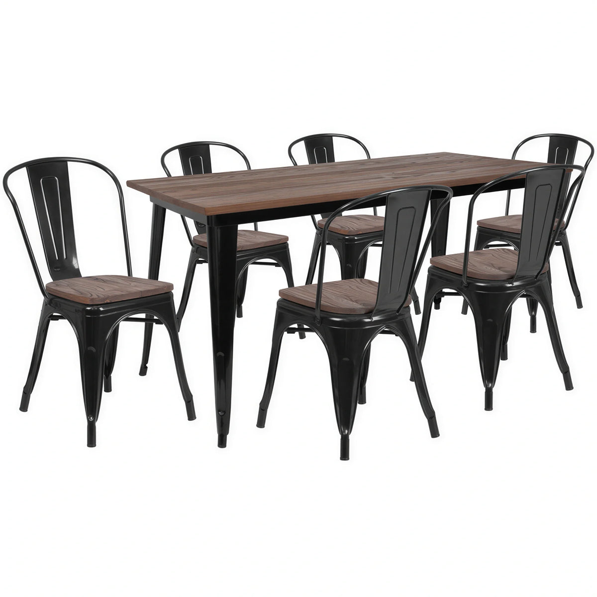 Flash Furniture CH-WD-TBCH-28-GG Rectangular Table and 6 Stackable Chairs Set, 30-1/4" x 60", Elm Wood Top, Galvanized Steel Frame, Black