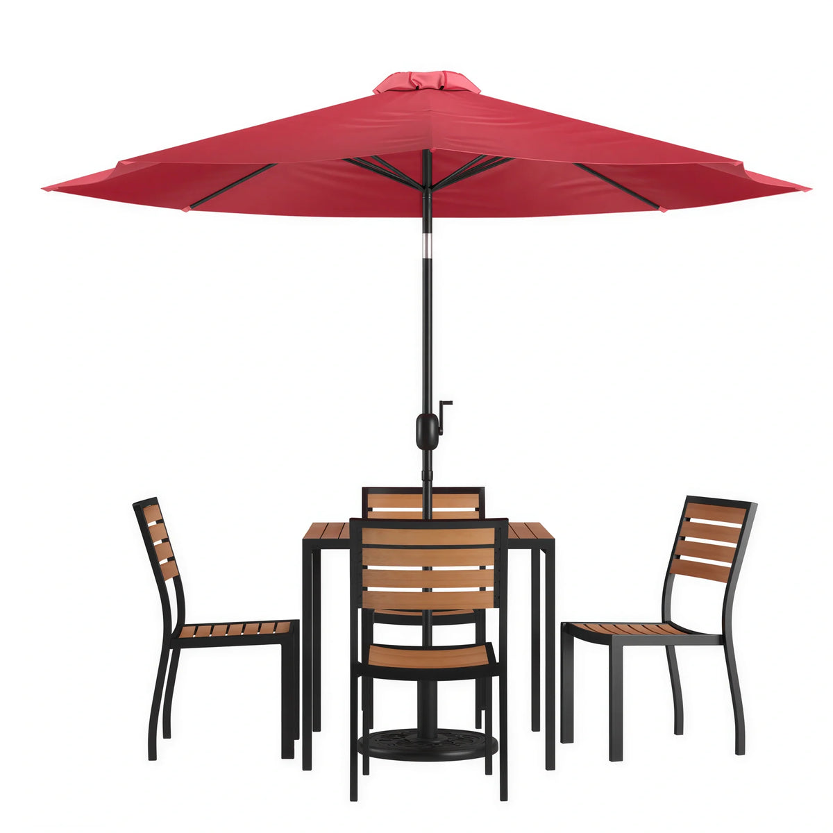 Flash Furniture XU-DG-810060364-UB19BRD-GG Patio Dining Table Set, 35-Inch Square Synthetic Teak Table, Red Umbrella, 4 Faux Teak Chairs