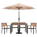 Flash Furniture XU-DG-304860064-UB19BTN-GG Patio Dining Table Set with Rectangular Synthetic Teak Table, 4 Stacking Chairs and Tan Umbrella