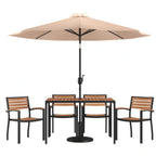 Flash Furniture XU-DG-304860064-UB19BTN-GG Patio Dining Table Set with Rectangular Synthetic Teak Table, 4 Stacking Chairs and Tan Umbrella