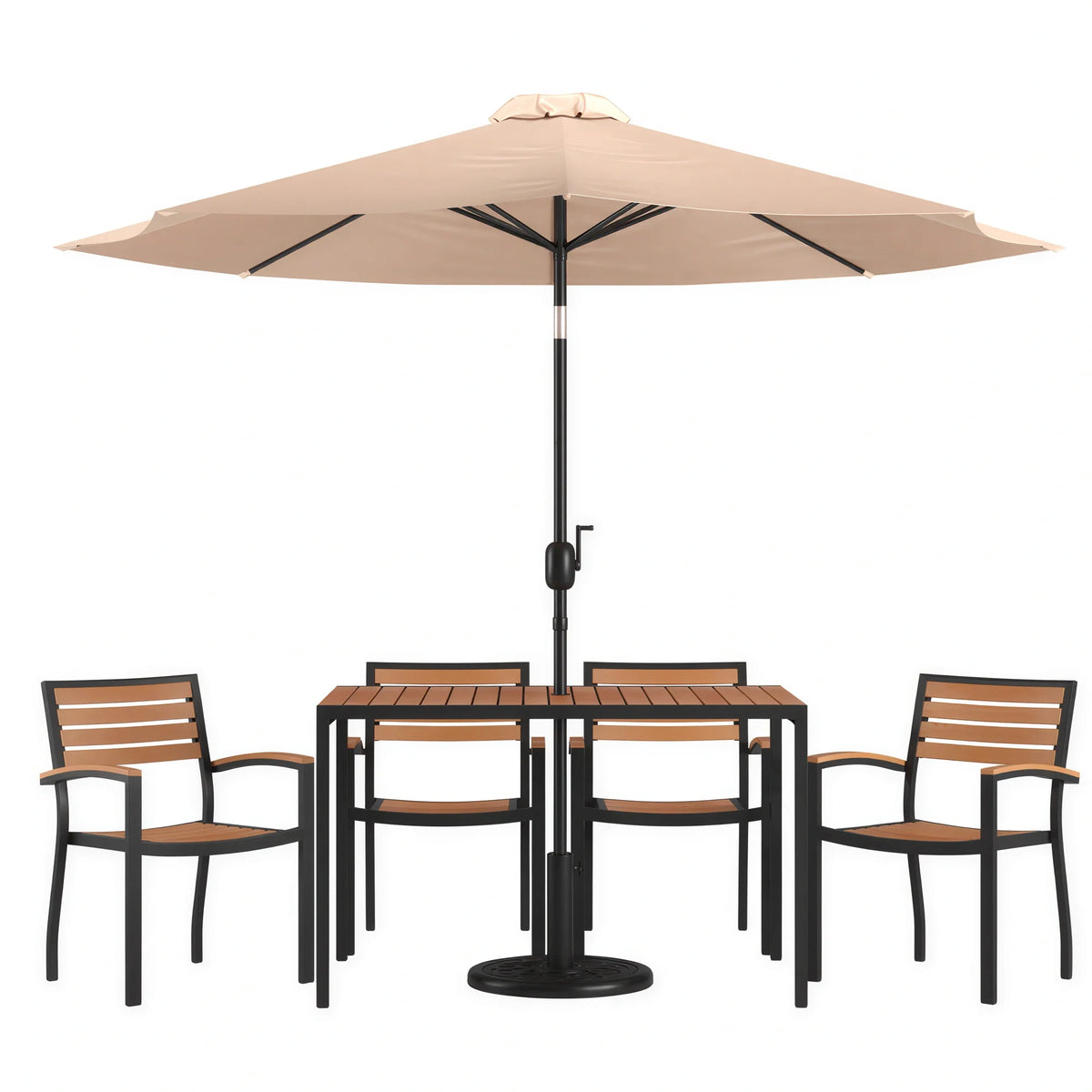 Flash Furniture XU-DG-304860064-UB19BTN-GG Patio Dining Table Set with Rectangular Synthetic Teak Table, 4 Stacking Chairs and Tan Umbrella