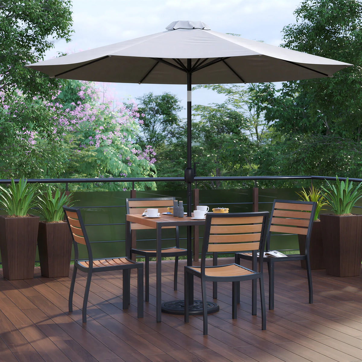 Flash Furniture XU-DG-810060364-UB19BGY-GG 35" Square Patio Dining Set with Synthetic Teak Table, Gray Umbrella, Base and 4 Chairs