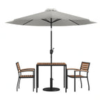 Flash Furniture XU-DG-810060062-UB19BGY-GG 35" Square Synthetic Teak-Top Patio Dining Set with Gray Umbrella, Base and 2 Chairs