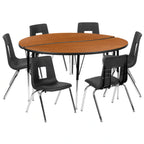 Flash Furniture Emmy XU-GRP-16CH-A60-HCIRC-OAK-T-A-GG 60" Round Adjustable-Height Activity Table with 6 Stack Chairs, Oak/Black