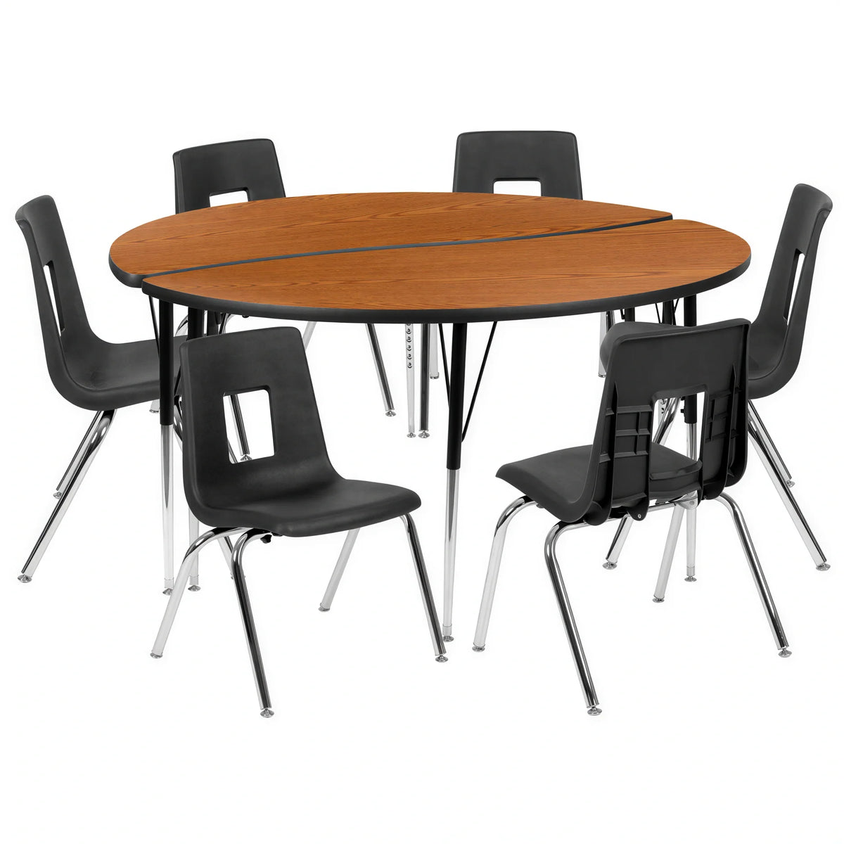 Flash Furniture Emmy XU-GRP-16CH-A60-HCIRC-OAK-T-A-GG 60" Round Adjustable-Height Activity Table with 6 Stack Chairs, Oak/Black
