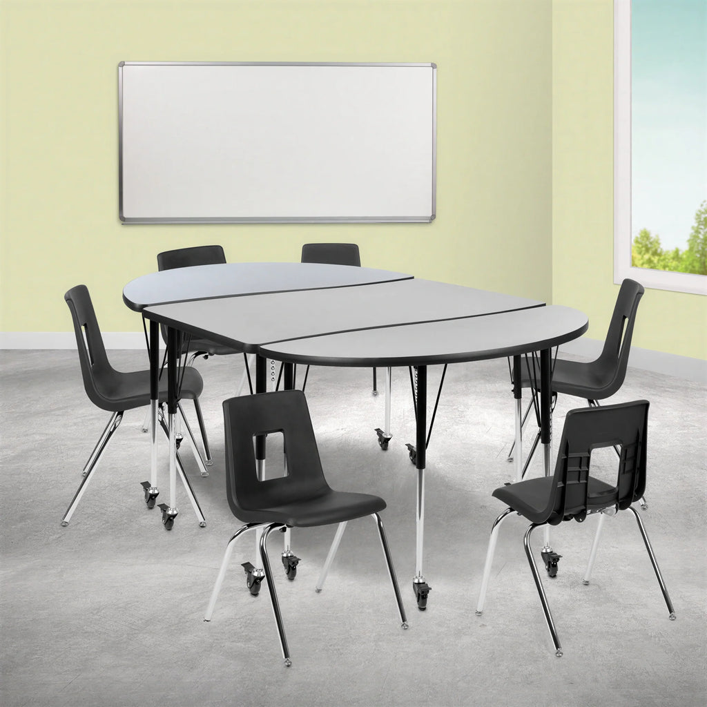 Flash Furniture Emmy XU-GRP-18CH-A3048CON-48-GY-T-A-CAS-GG Oval Activity Table and 6 Stack Chairs, Adjustable Height, Laminate Top, Locking Casters