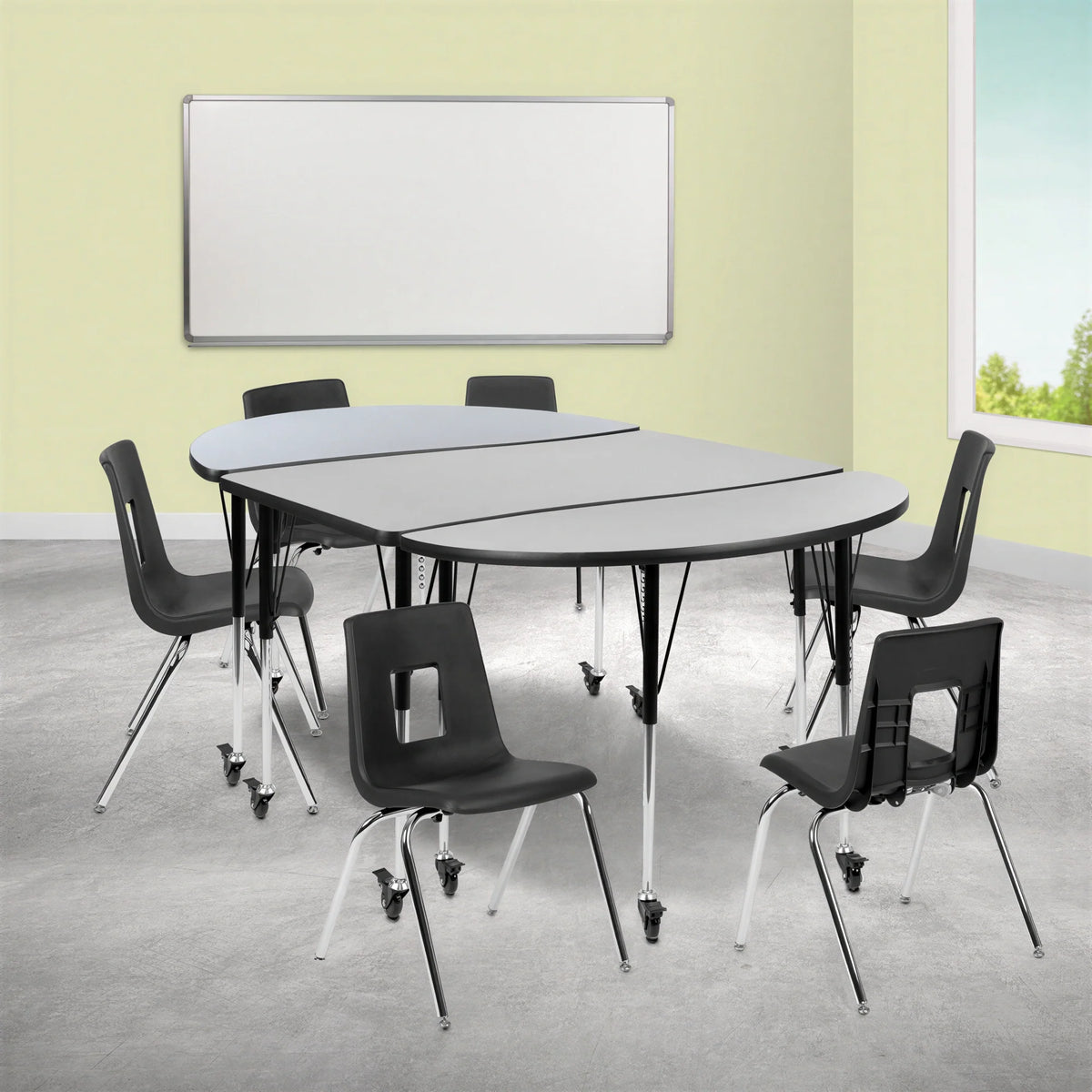 Flash Furniture Emmy XU-GRP-18CH-A3048CON-48-GY-T-A-CAS-GG Oval Activity Table and 6 Stack Chairs, Adjustable Height, Laminate Top, Locking Casters