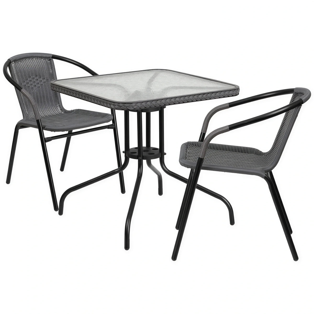 Flash Furniture TLH-073SQ-037GY2-GG 28" Square Glass-Top Table Set with 2 Gray Rattan Armchairs
