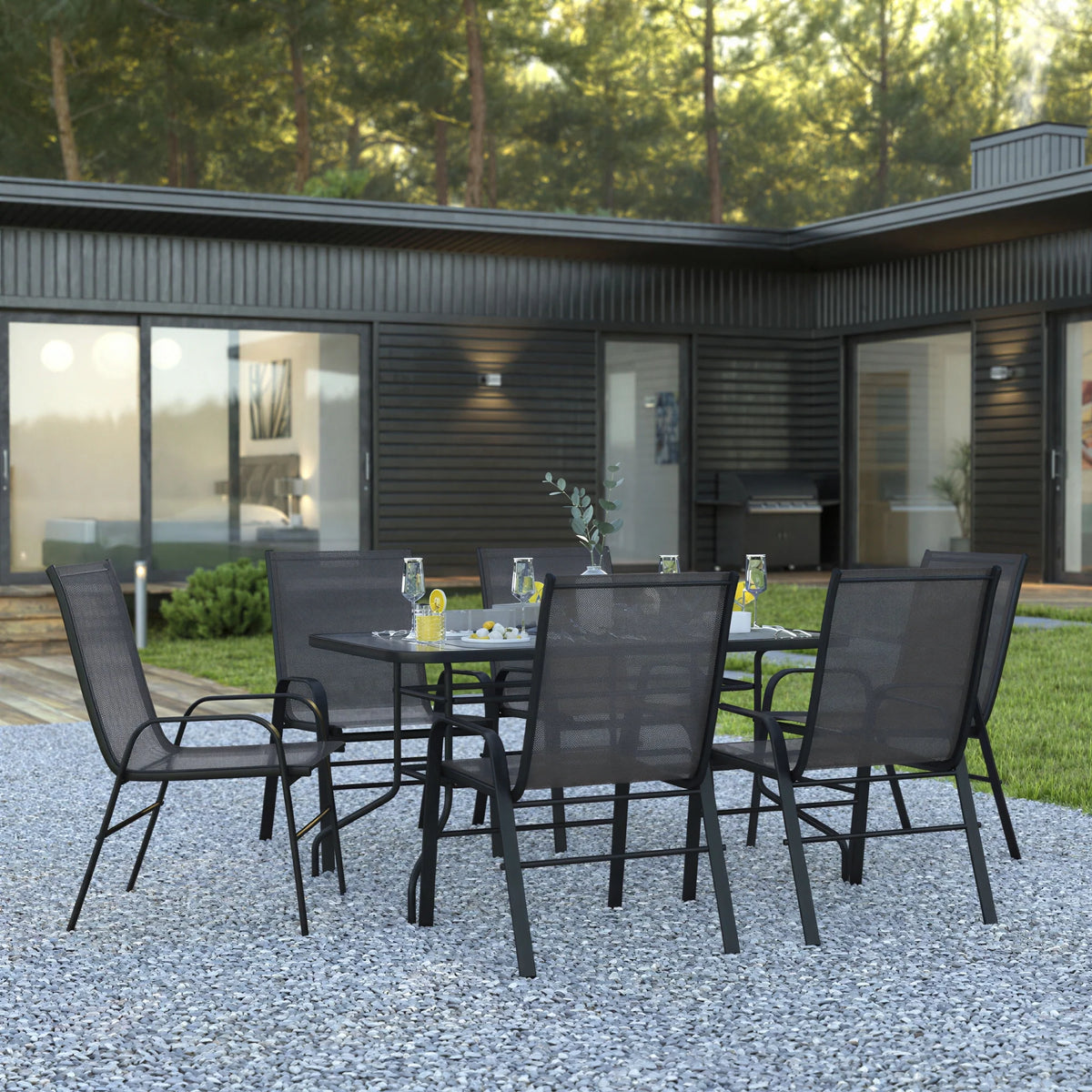 Flash Furniture TLH-089REC-303CBK6-GG 7-Piece Outdoor Patio Dining Set with 55-Inch Tempered Glass Table and 6 Black Flex Chairs