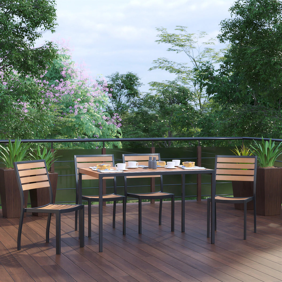 Flash Furniture XU-DG-304860364-GG Patio Dining Table Set with 4 Stacking Chairs, 48 x 30 in Rectangular Faux Teak Table, Umbrella Hole