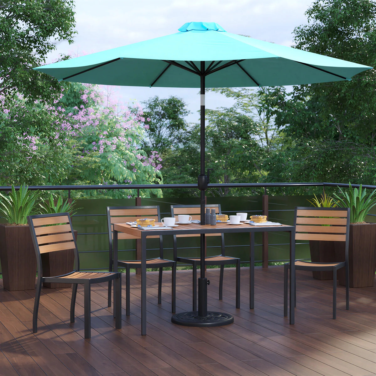 Flash Furniture XU-DG-304860364-UB19BTL-GG Patio Dining Table Set, 48"W x 30"D Rectangular Faux Teak Table, Teal Umbrella, 4 Stacking Chairs