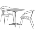 Flash Furniture TLH-ALUM-24SQ-017BCHR2-GG Square Stainless Steel-Top Table Set with 2 Aluminum Stacking Armchairs, Triple-Slat Backs