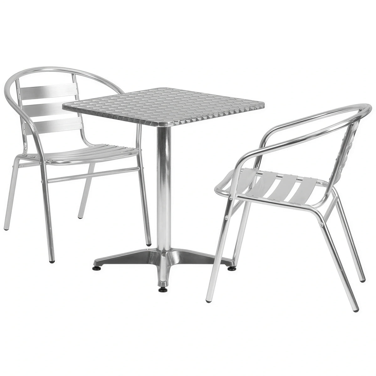 Flash Furniture TLH-ALUM-24SQ-017BCHR2-GG Square Stainless Steel-Top Table Set with 2 Aluminum Stacking Armchairs, Triple-Slat Backs