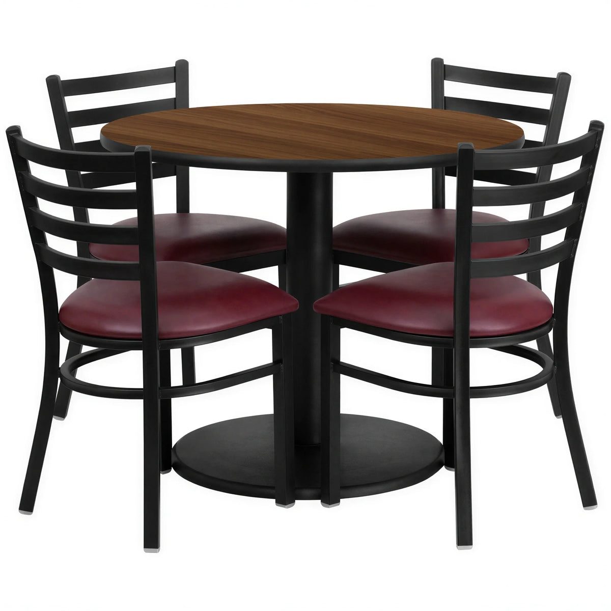 Flash Furniture RSRB1008-GG Round Table and Chair Set, 36" Table, 30"H, Walnut Laminate, 4 Burgundy Ladder-Back Chairs