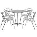 Flash Furniture TLH-ALUM-28SQ-017BCHR4-GG Square Stainless Steel Table with 4 Aluminum Stacking Chairs Set