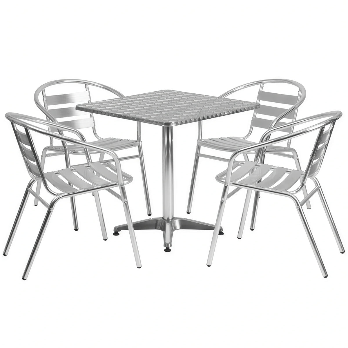 Flash Furniture TLH-ALUM-28SQ-017BCHR4-GG Square Stainless Steel Table with 4 Aluminum Stacking Chairs Set