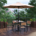 Flash Furniture XU-DG-810060064-UB19BTN-GG 35" Square Patio Dining Table Set with Synthetic Teak Top, Umbrella, Base & 4 Chairs