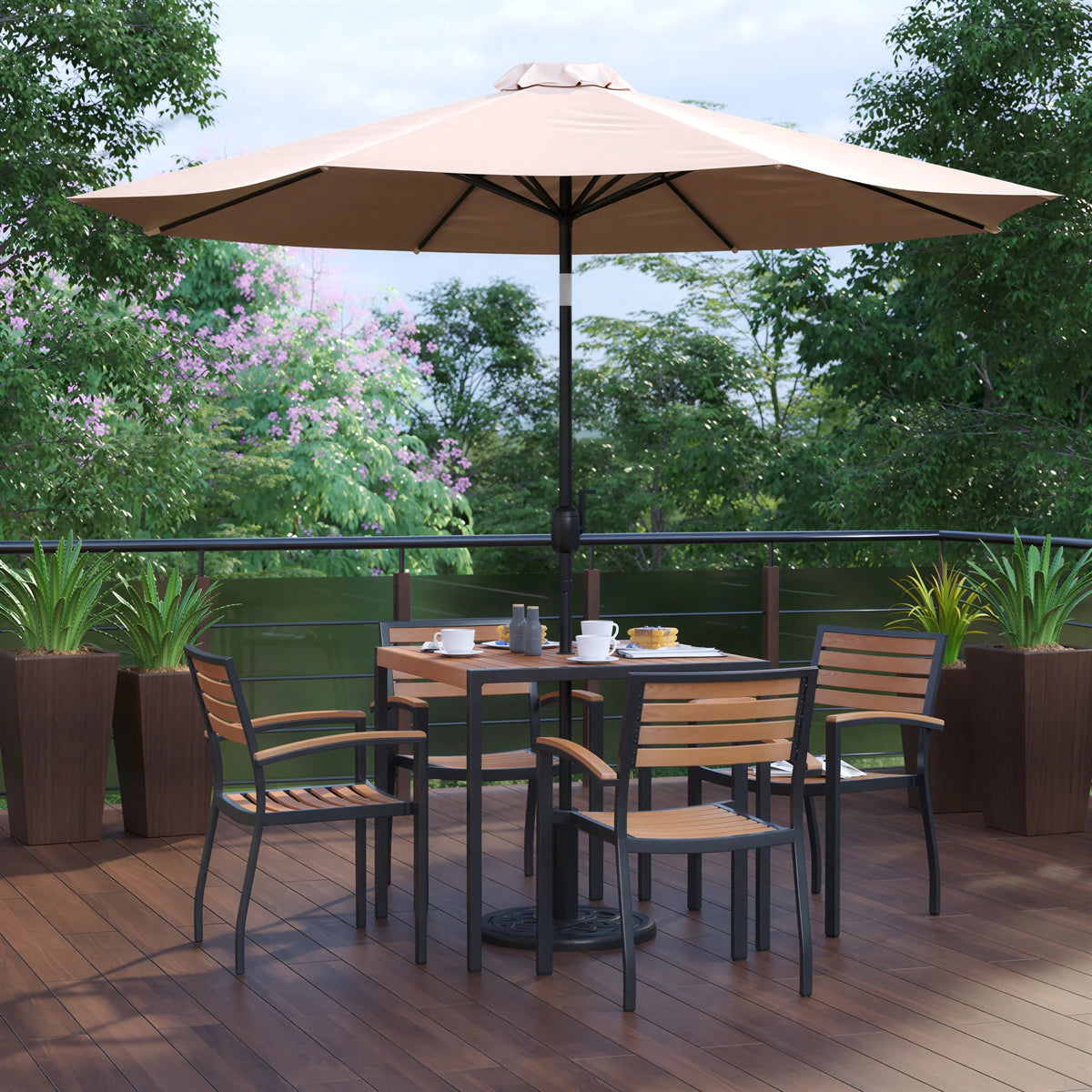 Flash Furniture XU-DG-810060064-UB19BTN-GG 35" Square Patio Dining Table Set with Synthetic Teak Top, Umbrella, Base & 4 Chairs