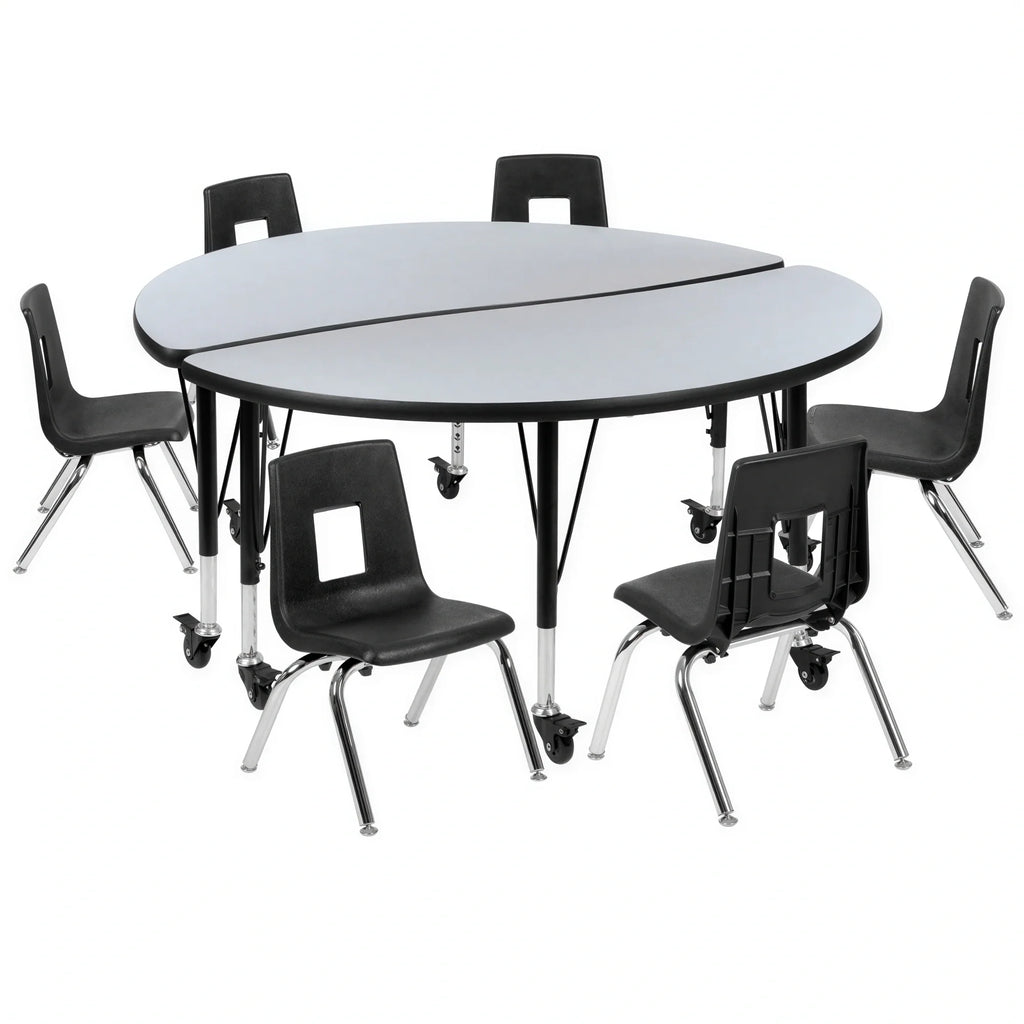 Flash Furniture Emmy XU-GRP-12CH-A48-HCIRC-GY-T-P-CAS-GG Round Activity Table with 6 Stack Chairs, 48", Adjustable 17–25"H, Gray/Black