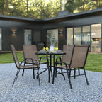 Flash Furniture TLH-0702303C-BN-GG 5-Piece Outdoor Patio Dining Set with 31.5-Inch Round Tempered Glass Table and 4 Brown Stack Chairs