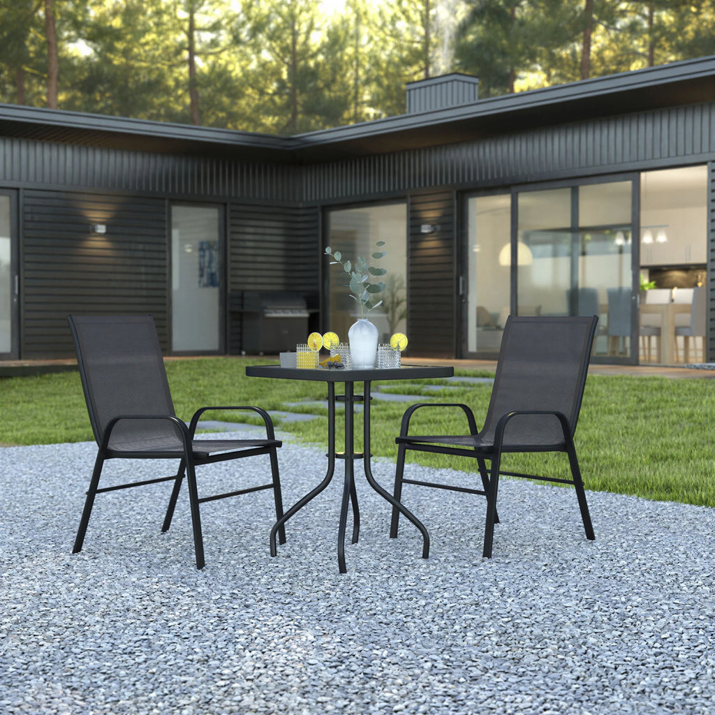 Flash Furniture TLH-073A1303C-GG 3-Piece Outdoor Patio Dining Set with Square Tempered Glass Table and 2 Black Stack Chairs