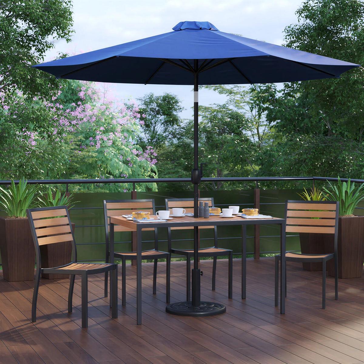 Flash Furniture XU-DG-304860364-UB19BNV-GG Patio Dining Table Set, 48" x 30" Rectangular Synthetic Teak Table, Navy Umbrella, 4 Stacking Chairs