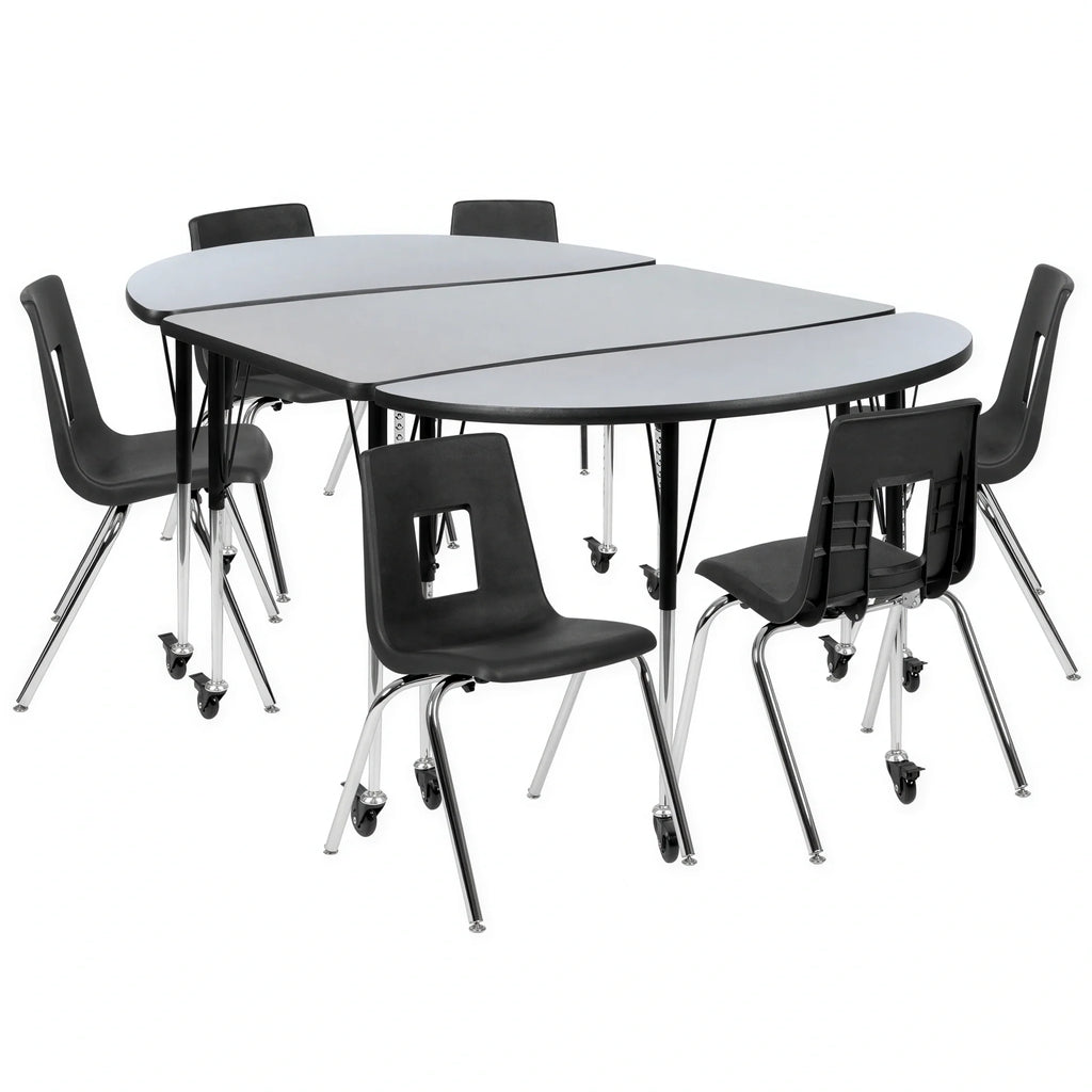 Flash Furniture Emmy XU-GRP-18CH-A3048CON-48-GY-T-A-CAS-GG Oval Activity Table and 6 Stack Chairs, Adjustable Height, Laminate Top, Locking Casters