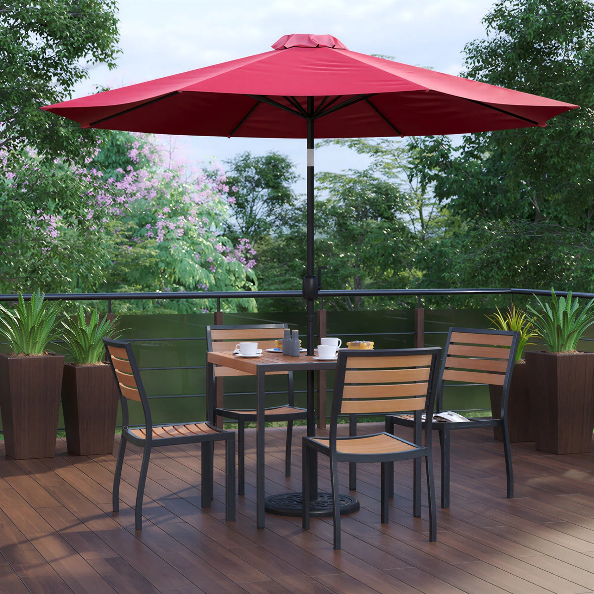 Flash Furniture XU-DG-810060364-UB19BRD-GG Patio Dining Table Set, 35-Inch Square Synthetic Teak Table, Red Umbrella, 4 Faux Teak Chairs