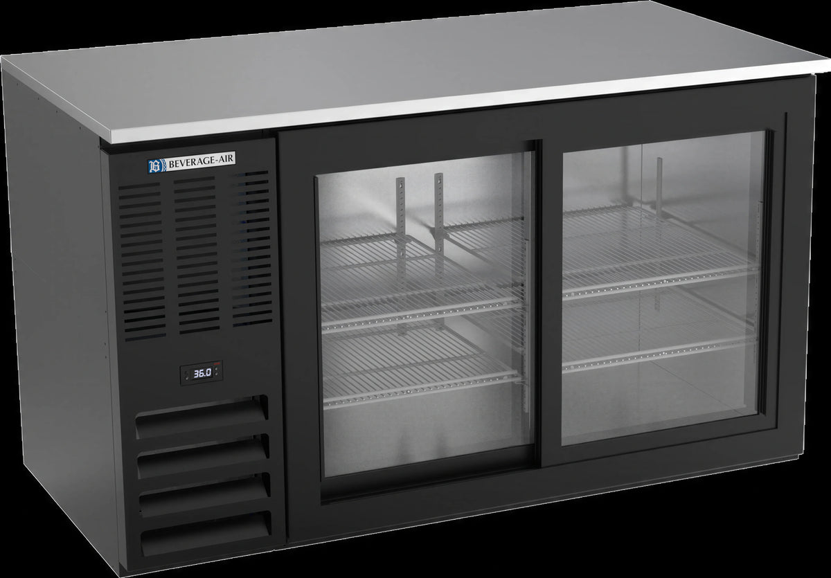 Beverage Air BB58HC-GS-B 58-Inch Two-Section Back Bar Refrigerator with Sliding Glass Doors, Stainless Steel Top, and Black Exterior