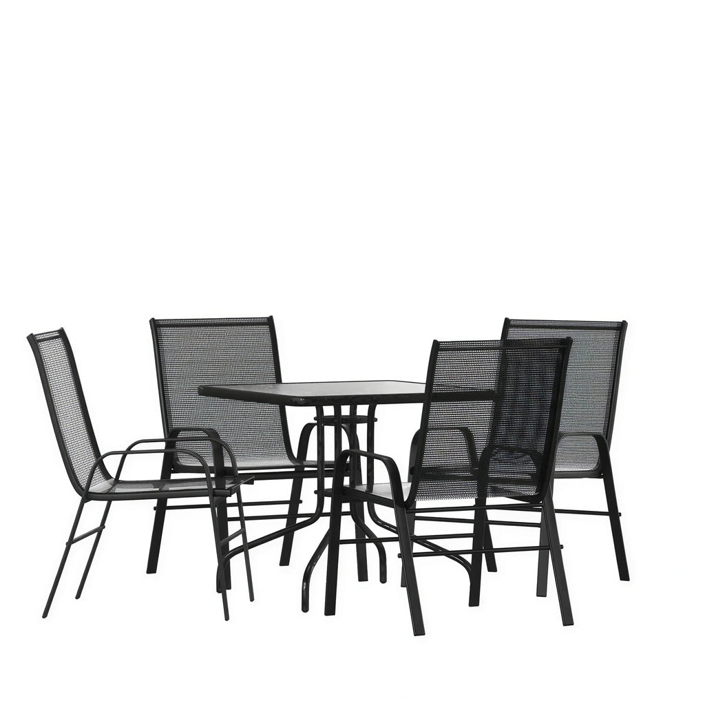 Flash Furniture TLH-073A2303C-GG 5-Piece Outdoor Patio Dining Set with 31.5-Inch Square Tempered Glass Table and 4 Black Stack Chairs