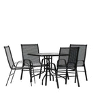 Flash Furniture TLH-073A2303C-GG 5-Piece Outdoor Patio Dining Set with 31.5-Inch Square Tempered Glass Table and 4 Black Stack Chairs