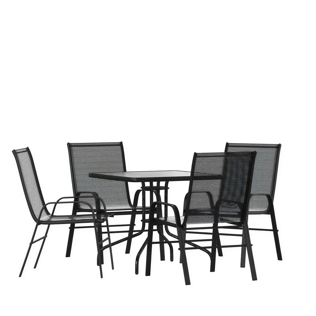 Flash Furniture TLH-073A2303C-GG 5-Piece Outdoor Patio Dining Set with 31.5-Inch Square Tempered Glass Table and 4 Black Stack Chairs