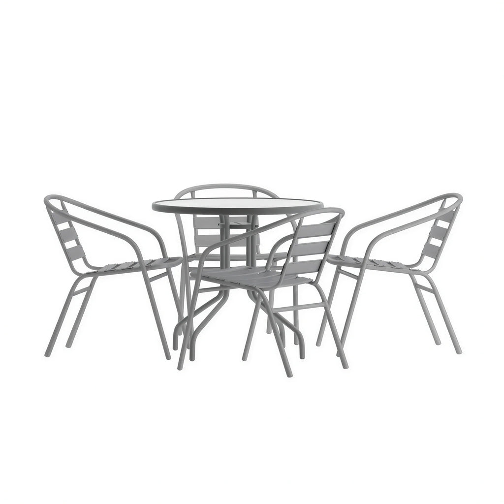 Flash Furniture TLH-072RD-017CSV4-GG Round Glass-Top Metal Table Set with 4 Silver Aluminum Slat Stack Chairs