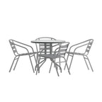 Flash Furniture TLH-072RD-017CSV4-GG Round Glass-Top Metal Table Set with 4 Silver Aluminum Slat Stack Chairs