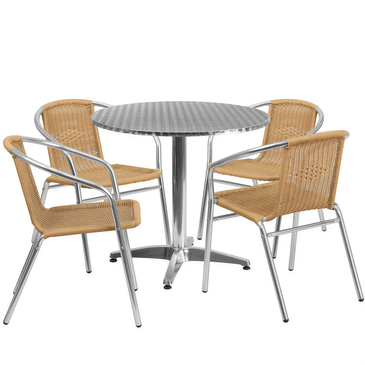 Flash Furniture TLH-ALUM-32RD-020BGECHR4-GG Round Stainless Steel Table and 4 Beige Rattan Arm Chairs Set with Aluminum Frames