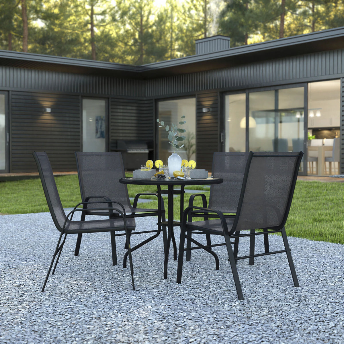 Flash Furniture TLH-0702303C-GG 5-Piece Outdoor Patio Dining Set with 31.5-Inch Round Tempered Glass Table and 4 Black Stack Chairs
