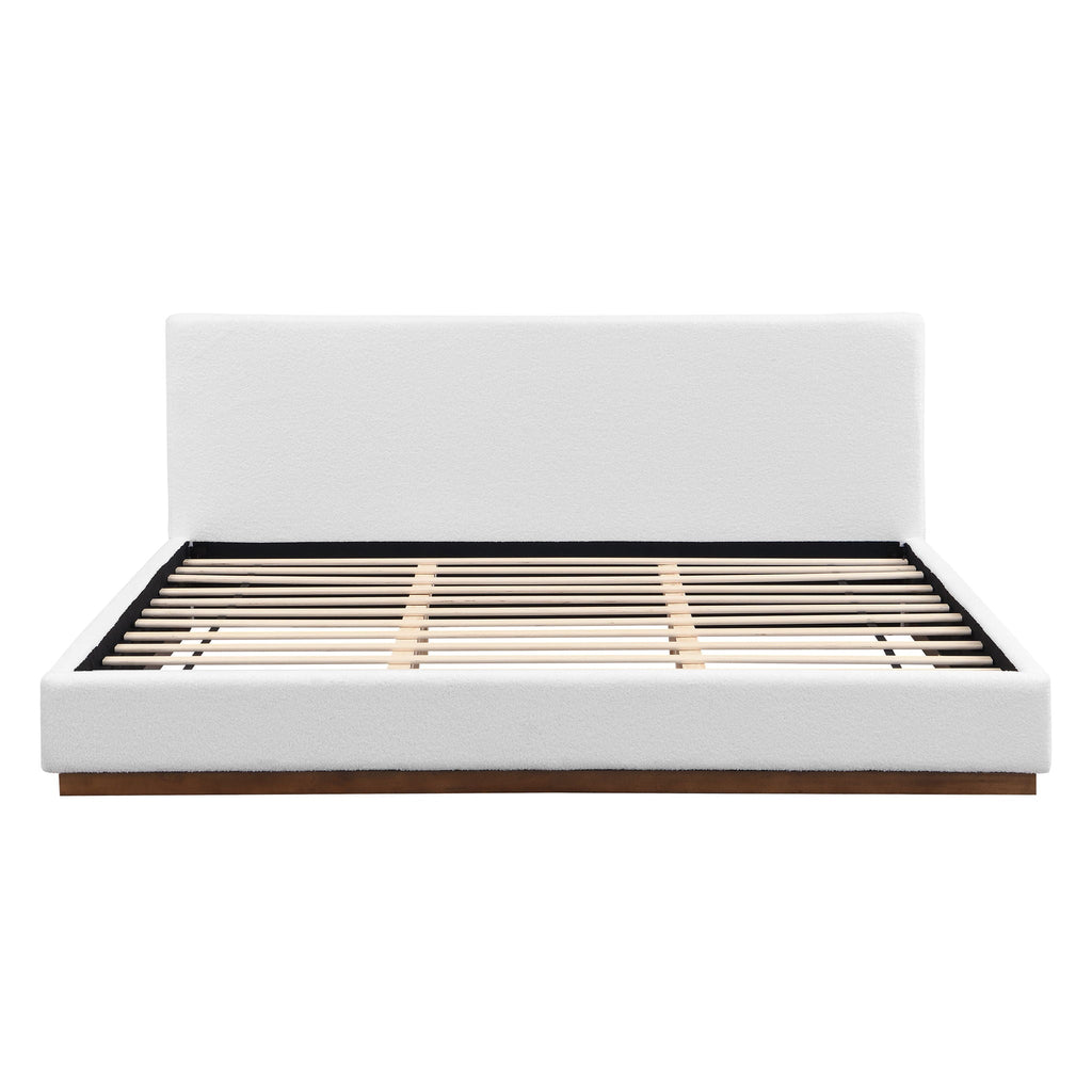 Elegant Boucle Upholstered Bed With Wood Grain Base Frame