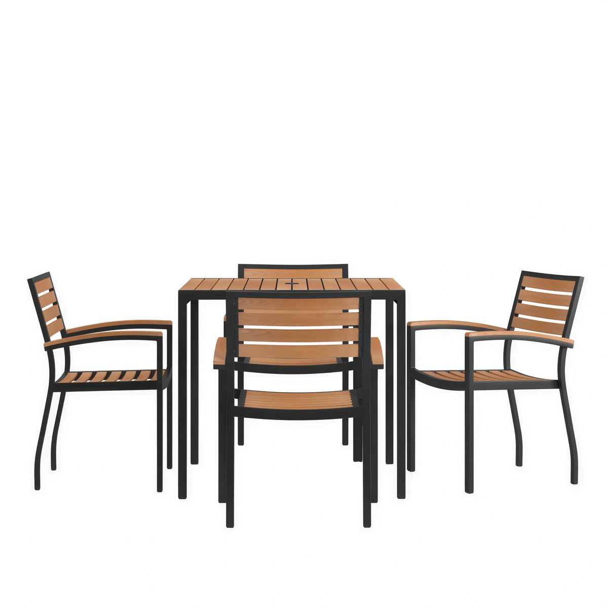 Flash Furniture XU-DG-810060064-GG Patio Dining Table Set, 35" Square Synthetic Teak Table with Umbrella Hole and 4 Stacking Chairs