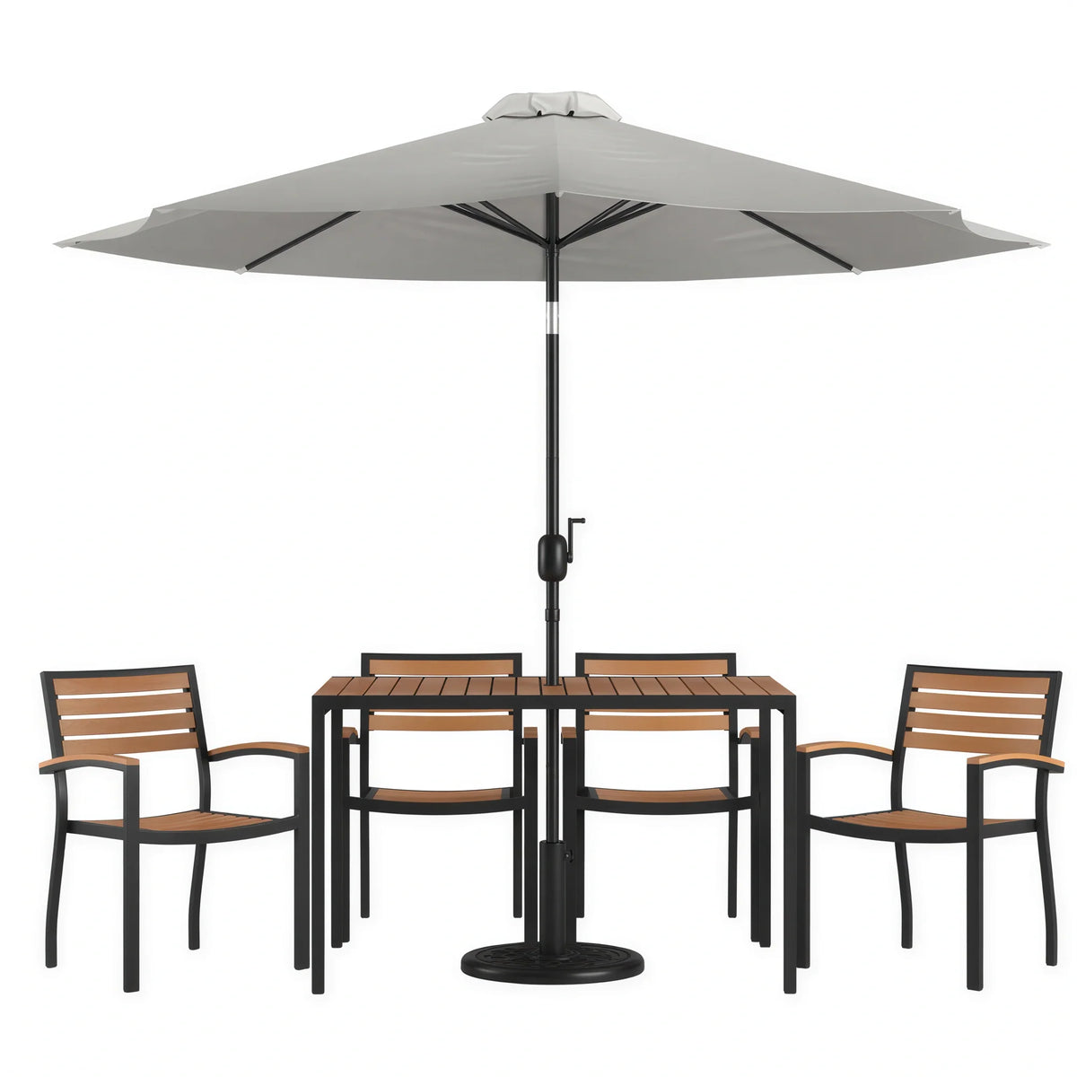 Flash Furniture XU-DG-304860064-UB19BGY-GG Patio Dining Table Set, Rectangular Synthetic Teak Slotted Top, Gray Umbrella and 4 Stacking Chairs