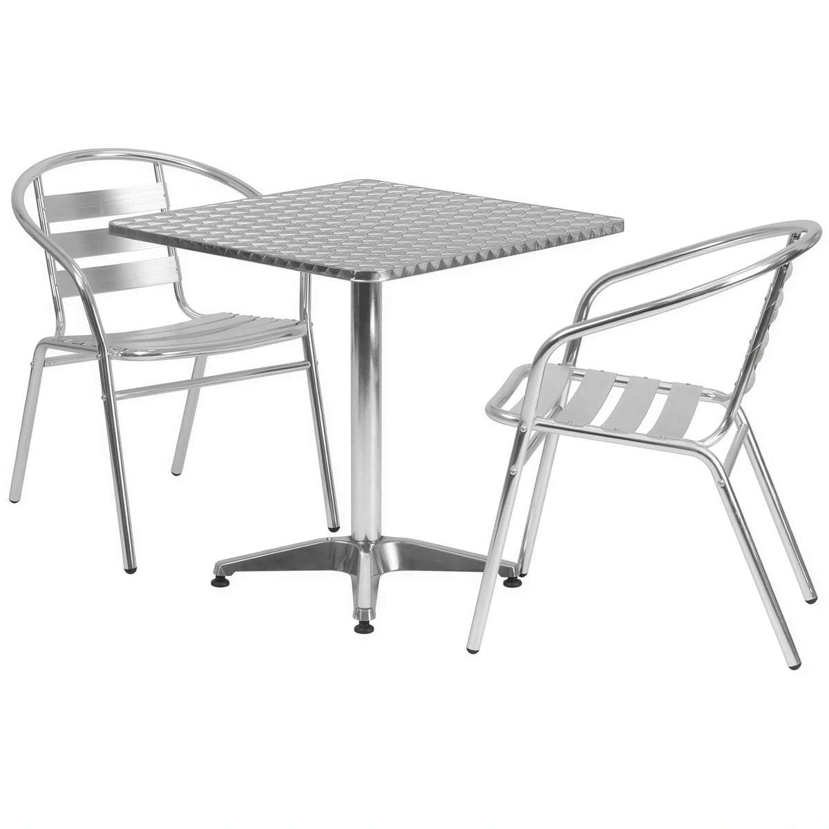 Flash Furniture TLH-ALUM-28SQ-017BCHR2-GG 27-1/2" Square Stainless Steel Table Set with 2 Aluminum Stacking Chairs