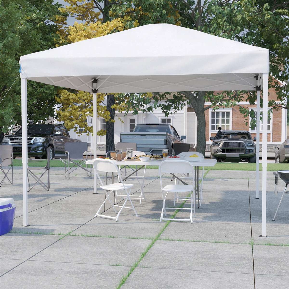 Flash Furniture JJ-GZ10183Z-4LEL3-WHWH-GG 10' x 10' Pop-Up Canopy Tent Set with 6' Folding Table and 4 Folding Chairs, White