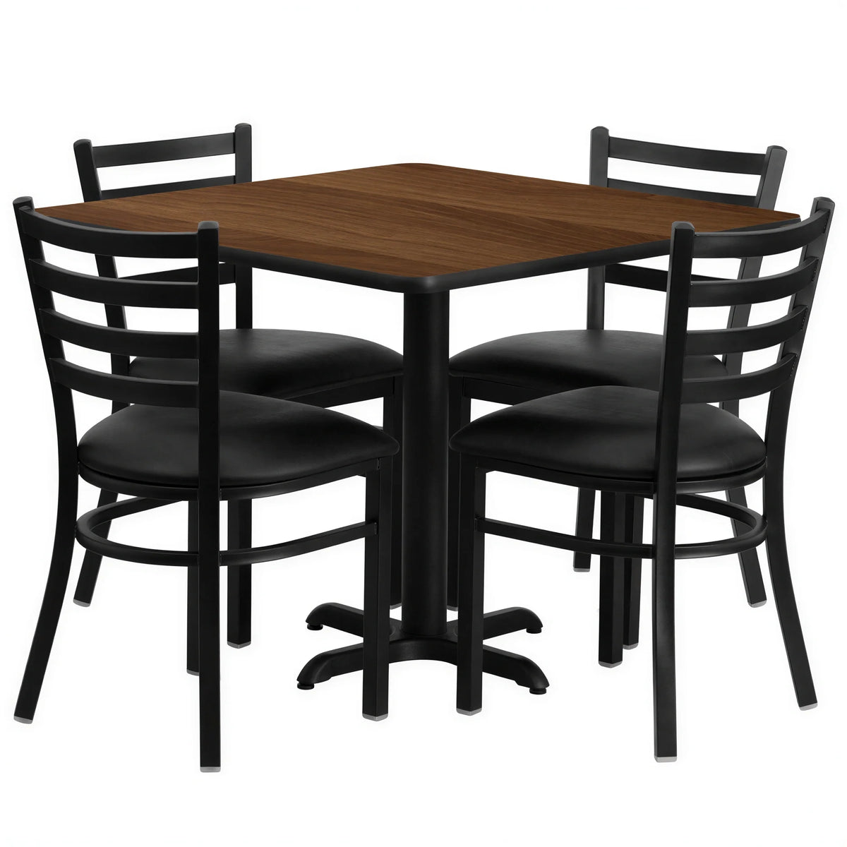 Flash Furniture HDBF1016-GG Square Table and Chair Set, 36 x 36 x 30 in, Walnut Laminate, 4 Black Metal Ladder-Back Chairs