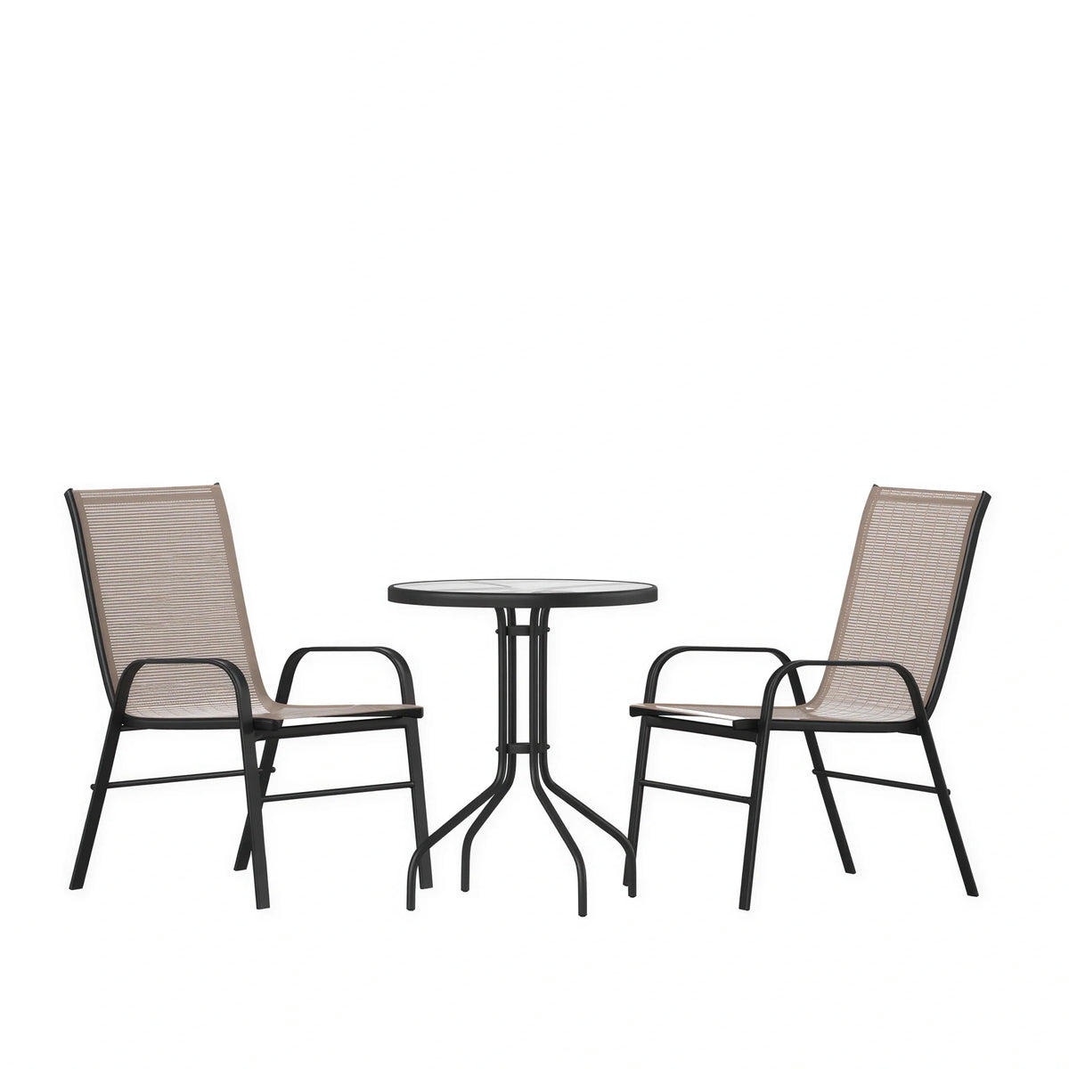 Flash Furniture TLH-0701303C-BN-GG 3-Piece Outdoor Patio Dining Set with 23.75-Inch Round Tempered Glass Table and 2 Brown Stack Chairs