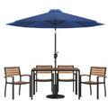 Flash Furniture XU-DG-304860064-UB19BNV-GG Patio Dining Table Set with 4 Stacking Chairs, Rectangular Synthetic Teak Table, Navy Umbrella and Base