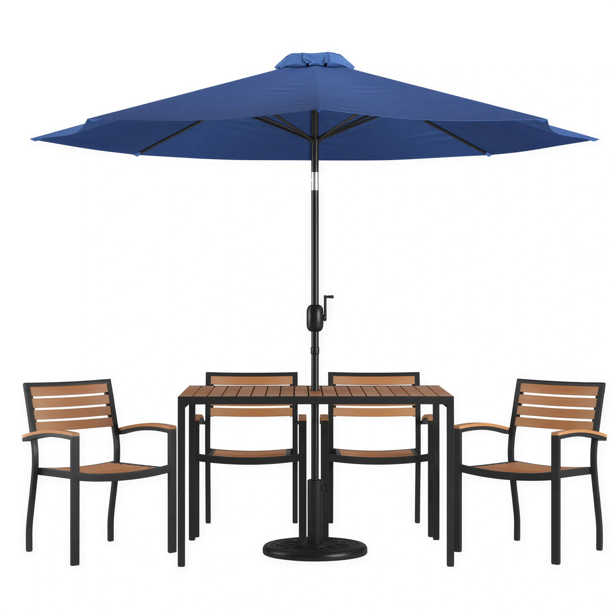 Flash Furniture XU-DG-304860064-UB19BNV-GG Patio Dining Table Set with 4 Stacking Chairs, Rectangular Synthetic Teak Table, Navy Umbrella and Base