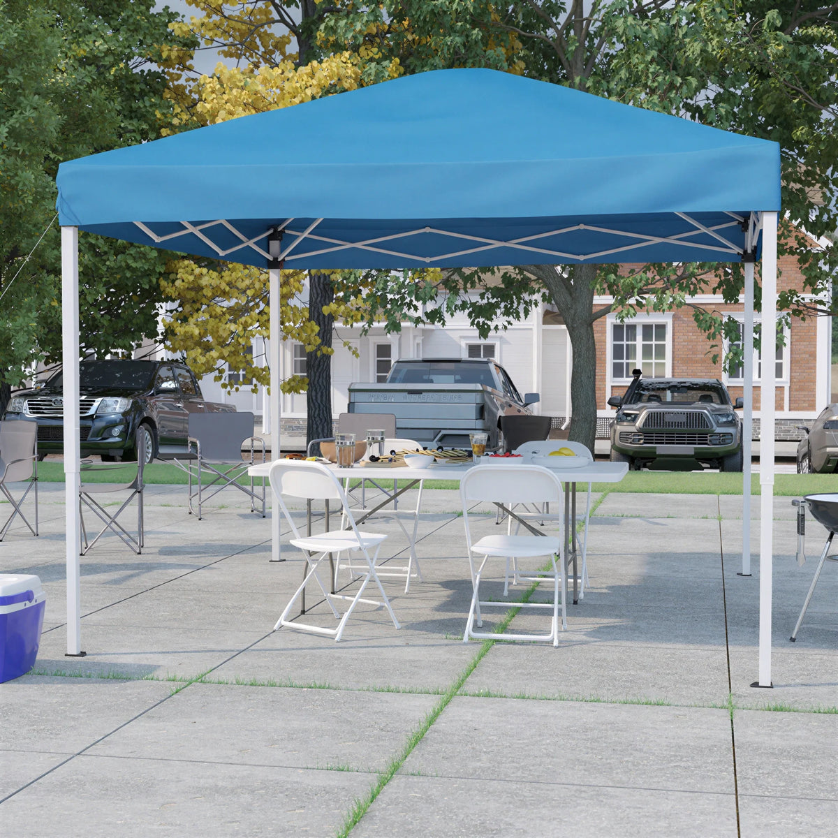 Flash Furniture JJ-GZ10183Z-4LEL3-BLWH-GG 10' x 10' Blue Pop-Up Canopy Tent, 6' Folding Table and 4 White Folding Chairs Set